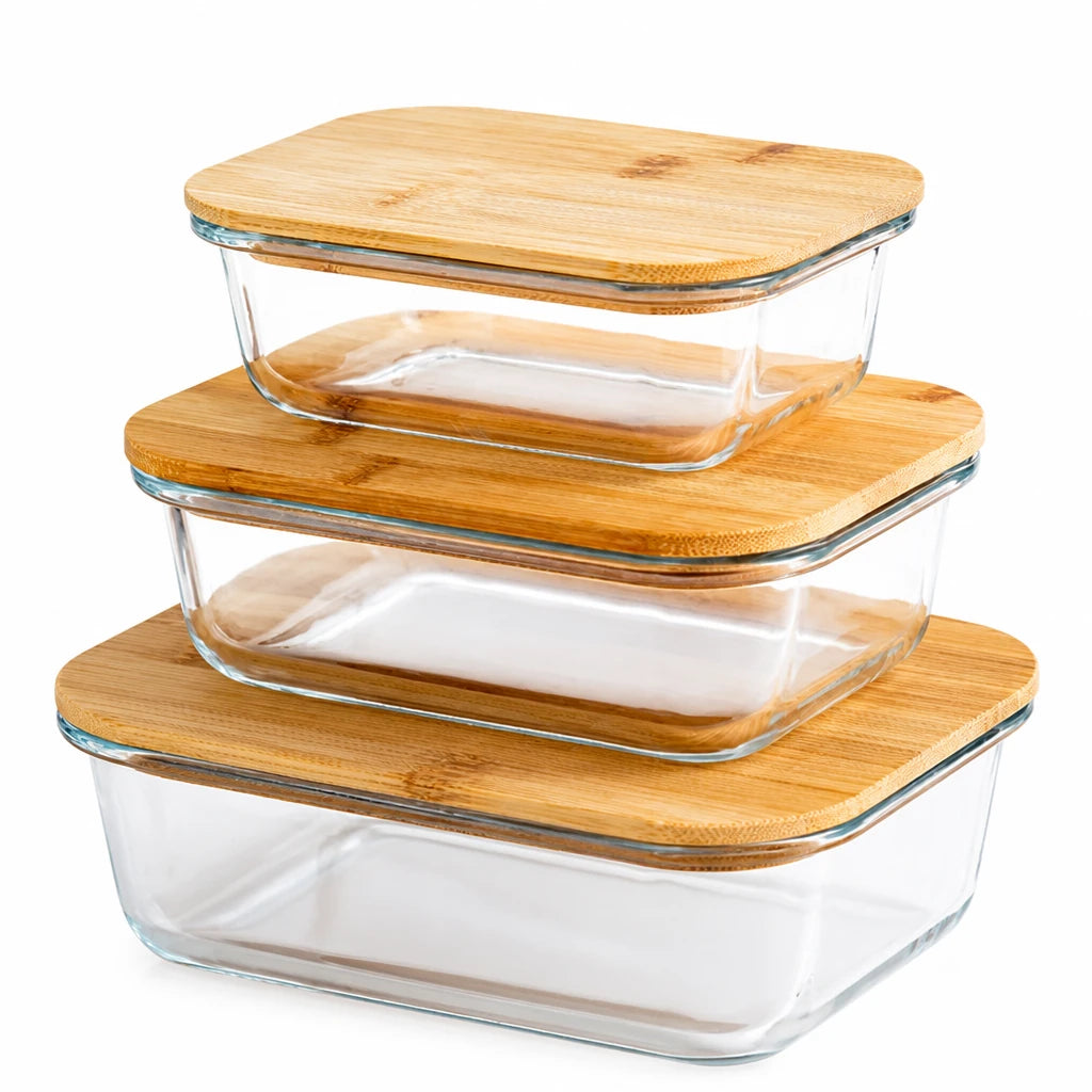 Glass containers with bamboo lids, 3 sizes