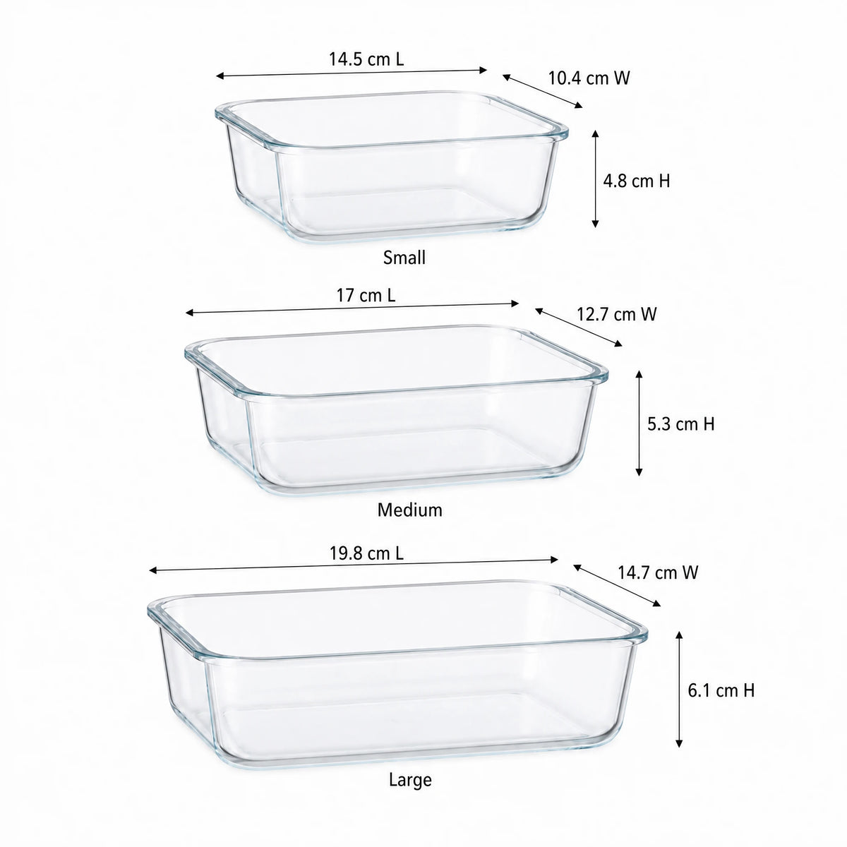 Sizes of the 3 containers in cm