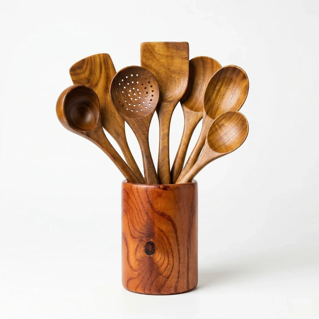 Acacia utensils in holder